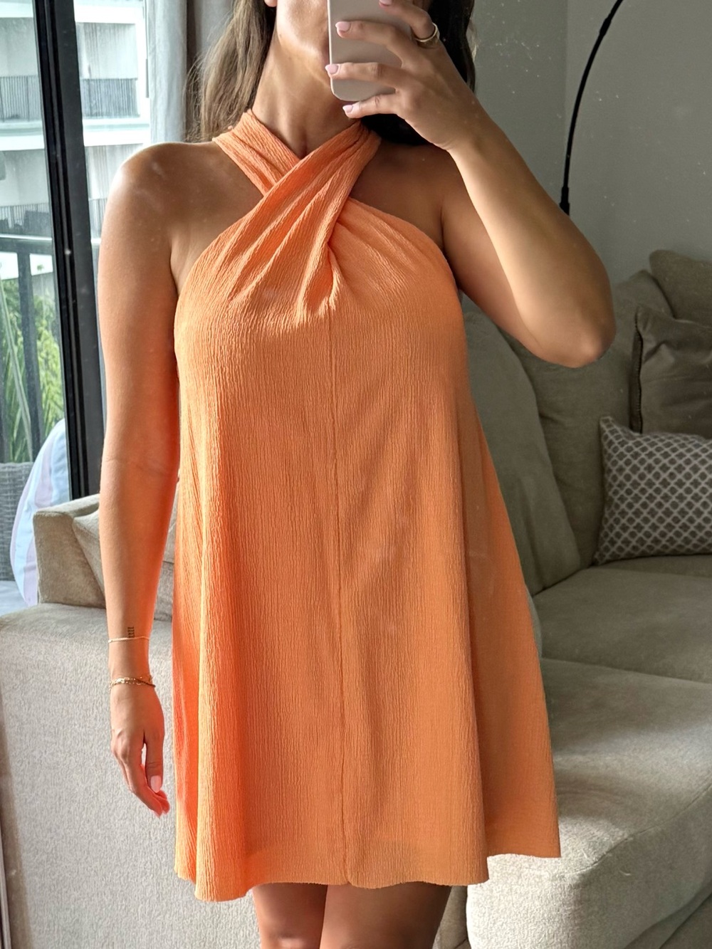 dee elly 🧡 Orange Criss Cross High Neck Flowy Mini Dress